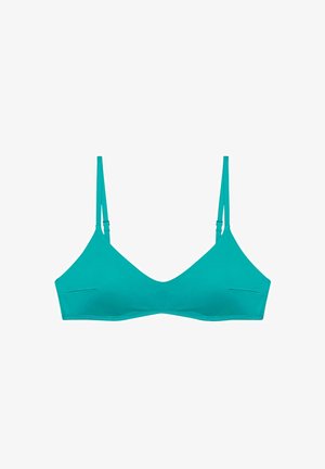 Brassière teal avec des bretelles fines réglables ; tissu lisse et extensible ; design en V ; sans rembourrage ; polyvalente pour le superposition.