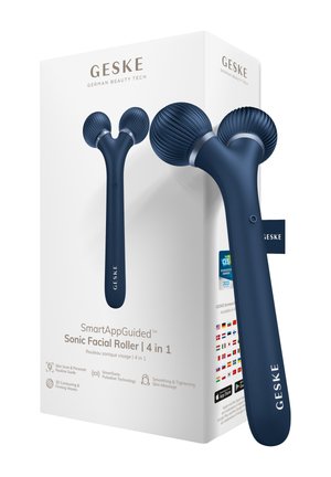 Dunkelblauer 4-in-1 Sonic-Gesichtsroller mit doppelt strukturierten Kugeln neben weißer Verpackung mit der Aufschrift GESKE German Beauty Tech.