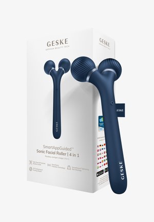 Donkerblauwe 4-in-1 sonische gezichtsroller met dubbele gestructureerde bollen naast een witte verpakking met label GESKE German Beauty Tech.