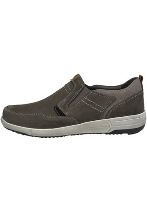 Dark brown leather slip-on shoe with white stitching and gray rubber sole. Features elastic side panels and a textured heel for added grip.