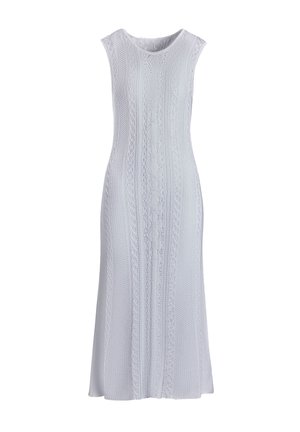 Knit white dress featuring a round neckline, sleeveless design, and textured cable patterns. The fabric has a smooth texture with a flowing silhouette.