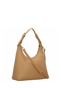 Borsa a tracolla in pelle color cuoio con forma morbida, tracolla regolabile e ferrature in metallo. Texture liscia con un design minimale.