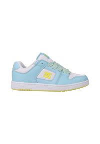 Light blue sneaker with white accents, featuring textured mesh, a rubber sole, and patterned laces; DC logo in yellow on the side.