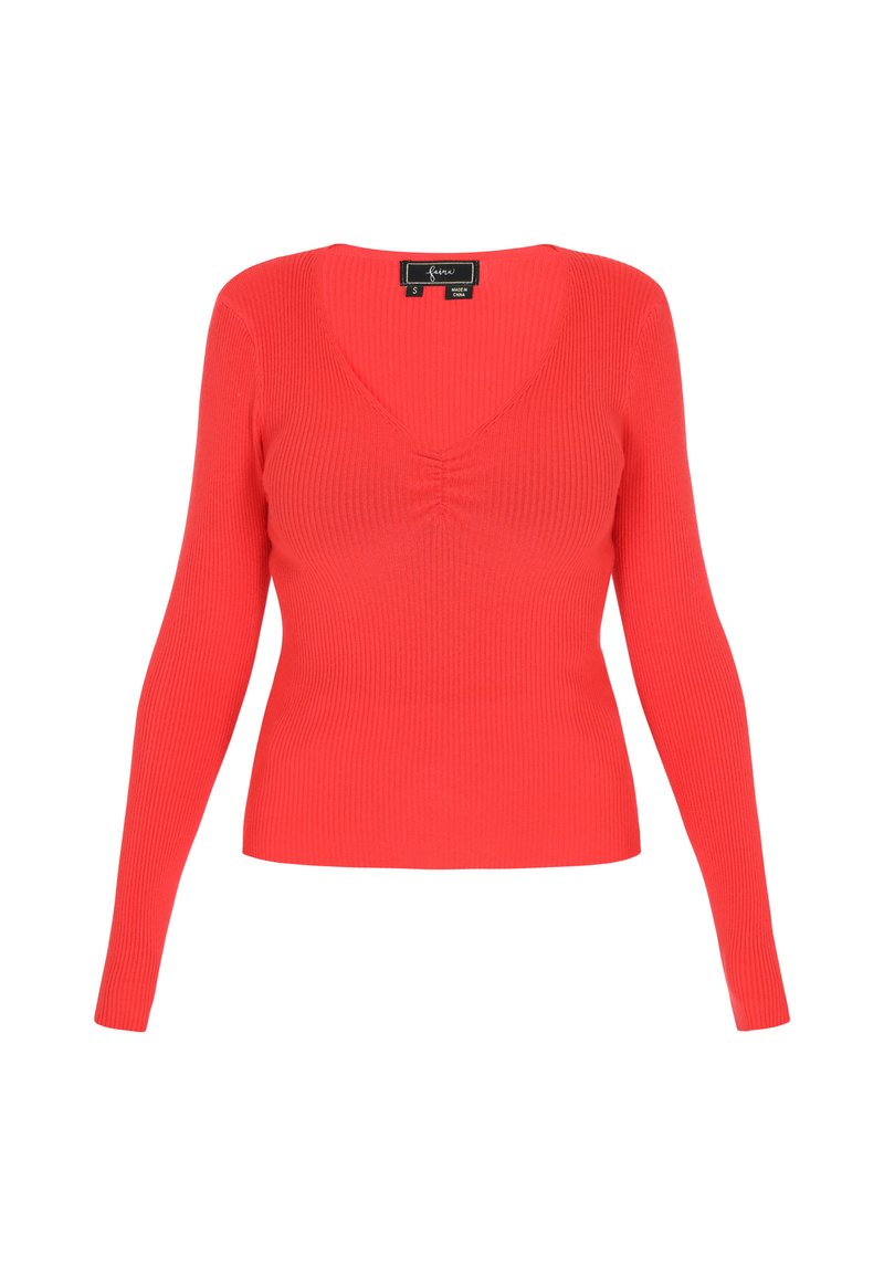 Roter gestreifter Pullover mit langen Ärmeln und V-Ausschnitt sowie Raffung an der Brust. Glatte Textur, figurbetonte Silhouette und einfarbig.