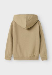 Beige hooded sweatshirt with a smooth texture, ribbed cuffs, and hem. Simple design with no visible prints or embellishments.