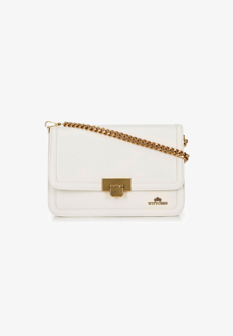Borsa a mano bianca in pelle con tracolla in catena dorata, forma rettangolare, chiusura a pattina con metalleria dorata e dettaglio del logo in rilievo.