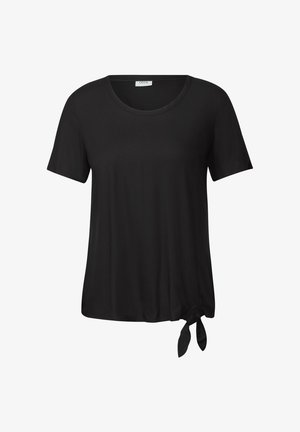 Černé tričko s krátkým rukávem vyrobené z měkké látky, s kulatým výstřihem a detailem uzlu na boku v pase.