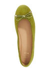 Green suede ballet flat with a rounded toe, small bow accent, and gold hardware detail on the bow. Inside features a smooth beige insole.