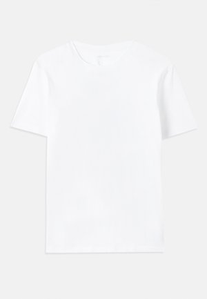 T-shirt en coton blanc avec un col rond classique et des manches courtes, présentant une texture lisse et une coupe régulière.