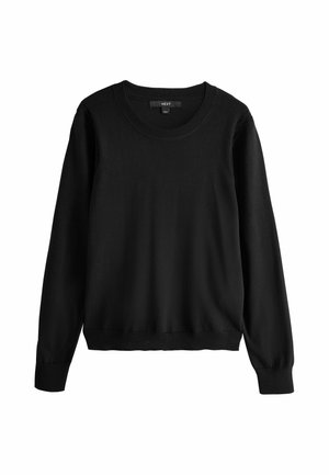 Black long-sleeve crew neck sweater with ribbed cuffs and hem, displayed flat against a white background.