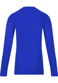 T-shirt de sport à manches longues en bleu vif. Tissu lisse avec des panneaux texturés et des découpes stratégiques pour la respirabilité et la flexibilité.