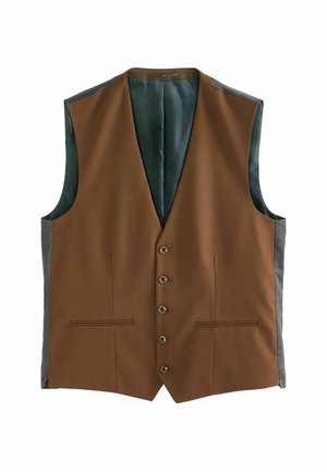 Brown, sleeveless vest with a smooth texture, five buttons, two front pockets, and a contrasting dark green satin lining.