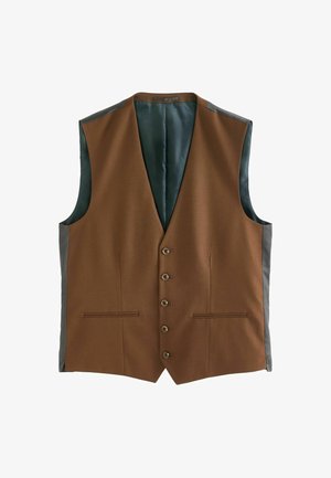Vest maro fără mâneci, cu o textură netedă, cinci nasturi, două buzunare frontale și o căptușeală de satin verde închis în contrast.