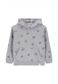 Grauer Kapuzenpullover mit einem wiederholten Muster von Smiley-Gesichtern in Braun. Ausgestattet mit einer frontalen Kängurutasche und gerippten Bündchen.