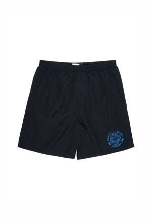 Pantaloni shorts neri con elastico in vita e coulisse; tasche laterali; presenta una stampa grafica blu sulla gamba sinistra.