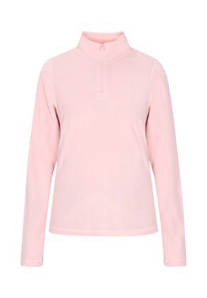 Pullover in morbido pile rosa chiaro con colletto a mezza zip e maniche lunghe. Presenta una texture liscia e un design dalla vestibilità rilassata.