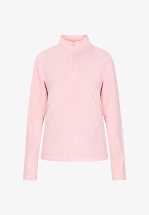 Pullover in morbido pile rosa chiaro con colletto a mezza zip e maniche lunghe. Presenta una texture liscia e un design dalla vestibilità rilassata.