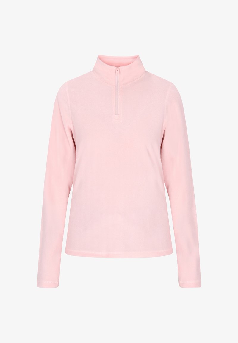 Pullover in morbido pile rosa chiaro con colletto a mezza zip e maniche lunghe. Presenta una texture liscia e un design dalla vestibilità rilassata.