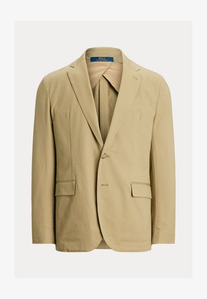 Béžové jednoradové sako s výstrihom na mieru, dvoma vreckami s klopou, jedným náprsným vreckom a zapínaním na jeden gombík.