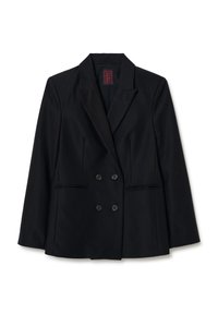 Blazer negro de doble botonadura con solapa, dos bolsillos frontales y dos botones negros, hecho de una tela suave.
