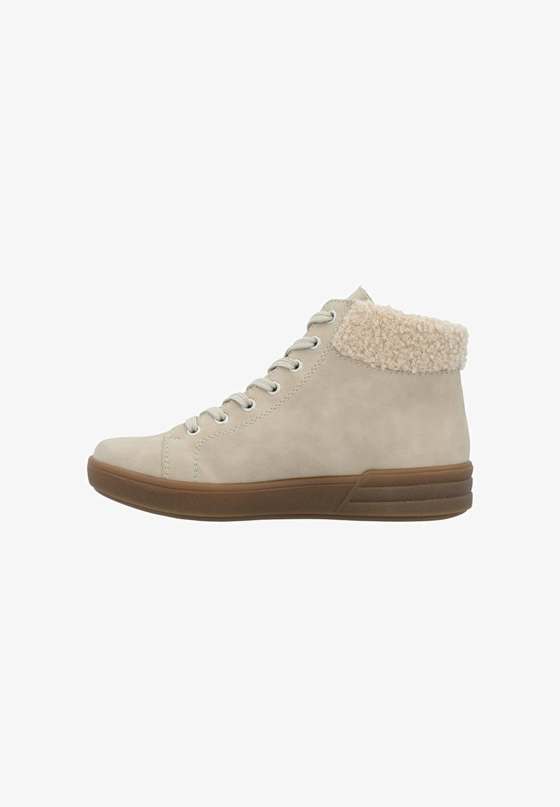 Beige hoge sneakers met een zachte, textuurrijke crèmekleurige bontenkraag, vetersluiting en een rubberen zool met een subtiel profiel.