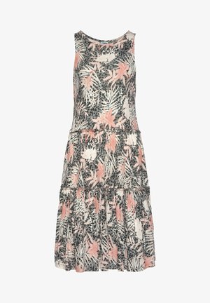 Sleeveless dress in light fabric with a tiered skirt, featuring a floral pattern in black, pink, and green on a gray background.