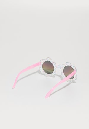 Ochelari de soare în formă de floare, cu rame transparente decorate cu modele de stele. Brațele roz strălucitoare susțin lentilele întunecate.