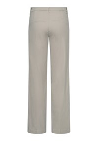 Lichtgrijze wijde broek van gladde stof. Heeft een middelhoge taille, twee achterzakken en een nette afwerking aan de zoom.