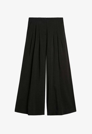 Pantaloni neri a gamba larga con pieghe frontali, tasche laterali, vita con cinturino e chiusura con singolo bottone in alto.