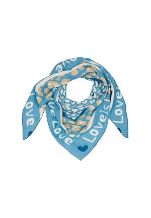 Blue patterned scarf featuring beige hearts and the text "Love" in a whimsical font. Lightweight, square shape with a soft, textured finish.