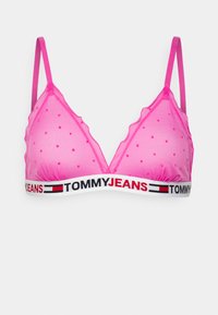 Rozā tīkla bralette ar punktiņiem, trīsstūra kausiem, viļņotām malām un ar zīmola elastīgu joslu, kas ietver sarkanas, baltas un zilas krāsas.