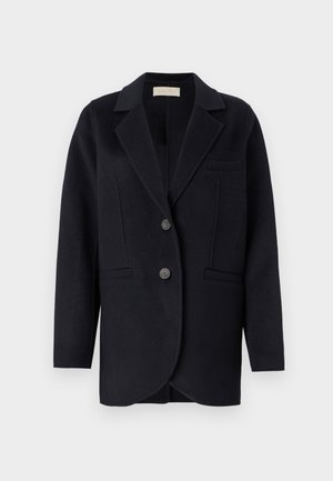 Navy blazer in wool blend, with a notched collar, two front pockets, and two buttons. Structured fit and smooth texture.