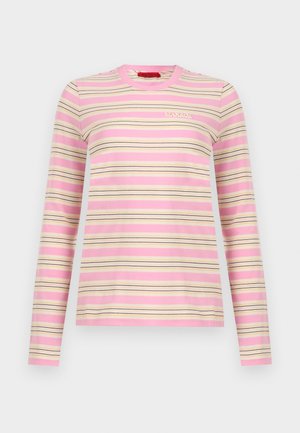Langärmelig shirt met roze, crèmekleurige en zwarte horizontale strepen, ronde halslijn en klein wit "MAX&Co." logo op de borst.