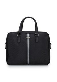 Bolsa de portátil negra con superficie texturizada, cuenta con dos asas, una franja central plateada y detalles metálicos en plata. Incluye compartimentos con cremallera.