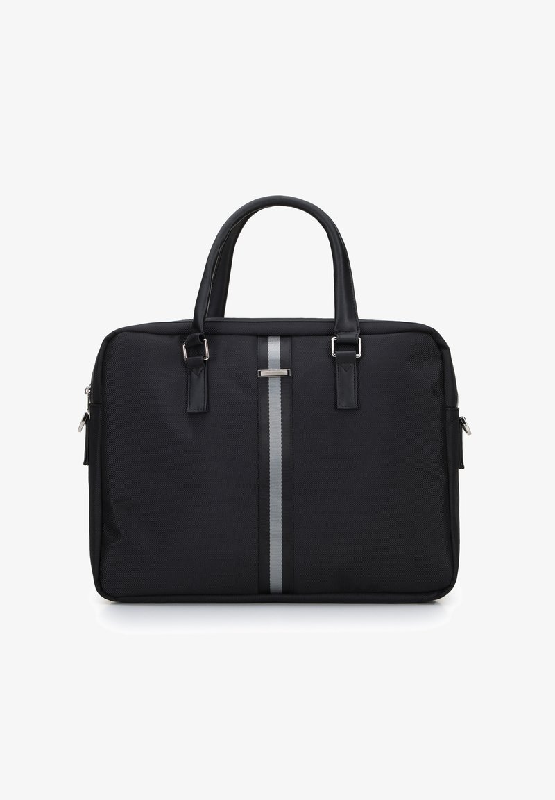 Czarna torba na laptopa o teksturowanej powierzchni, z dwoma uchwytami, srebrnym centralnym paskiem i srebrnymi detalami. Zawiera kieszenie na zamek.