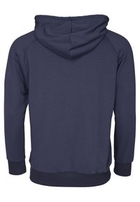 Mörkblå hoodie med dragsko i huvan, ribbade ärmslut och nederdel. Slät textur med raglanärmar, med en minimalistisk design.