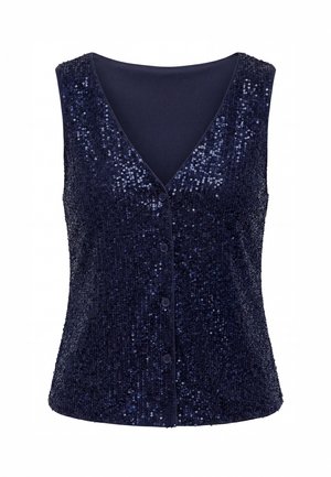 Vestă fără mâneci bleumarin cu paiete, decolteu în V și închidere frontală cu nasturi, siluetă mulată.