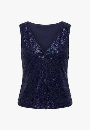 Kamizelka bez rękawów w kolorze granatowym z cekinami, dekolt w serek i zapinana z przodu na guziki, dopasowany krój.
