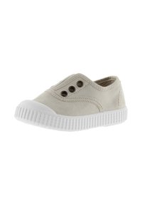 Beige lærreds sneakers med hvid gummitåkap og struktureret sål, der har tre små metaløjer på vristen til ventilation.