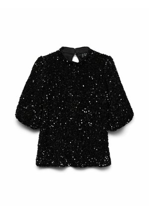 Top negro con lentejuelas, de escote redondo y mangas cortas abullonadas. Presenta un detalle de ojal en la parte posterior y una superficie texturizada.