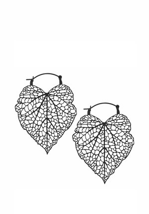 Black metal earrings shaped like detailed hollow heart-shaped leaves with intricate vein patterns and hoop clasps.