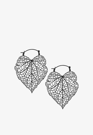 Black metal earrings shaped like detailed hollow heart-shaped leaves with intricate vein patterns and hoop clasps.