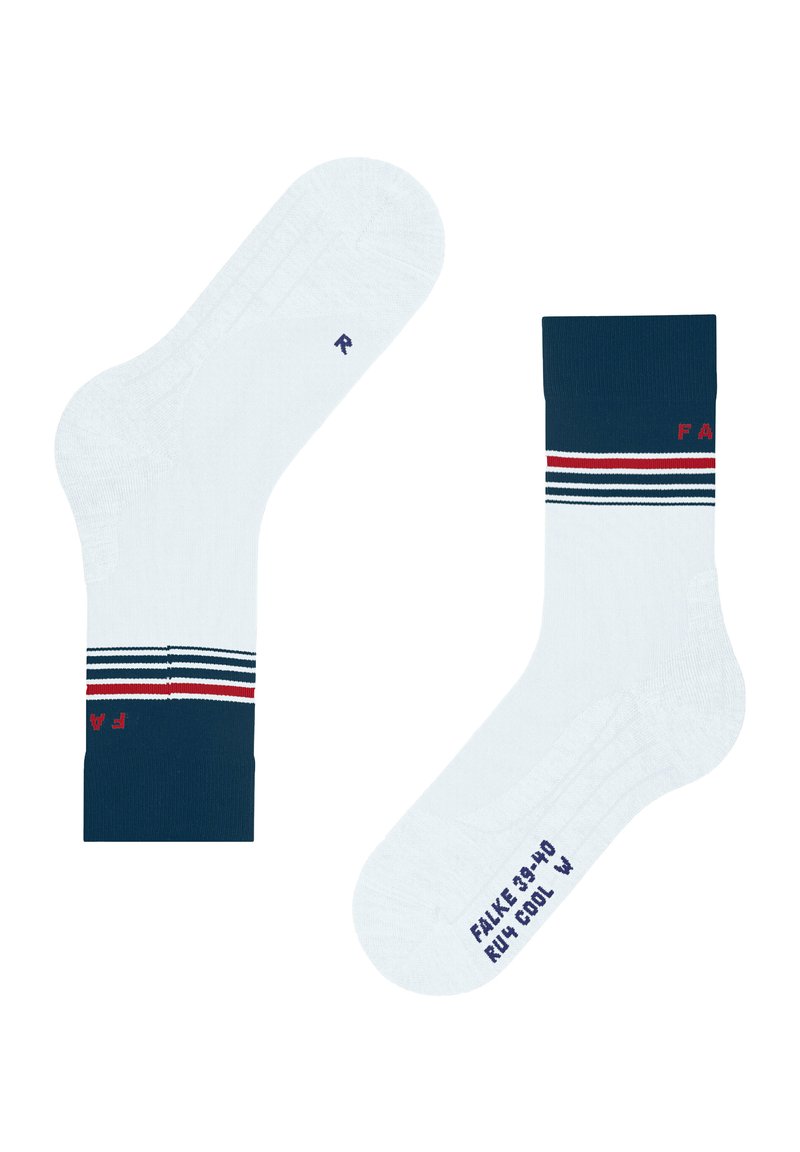 Białe skarpetki z granatowym ściągaczem w prążki, ozdobione czerwonymi i granatowymi paskami. Haftowane napisy "FALKE" i "R" wskazują na prawą stopę. Teksturowana tkanina.