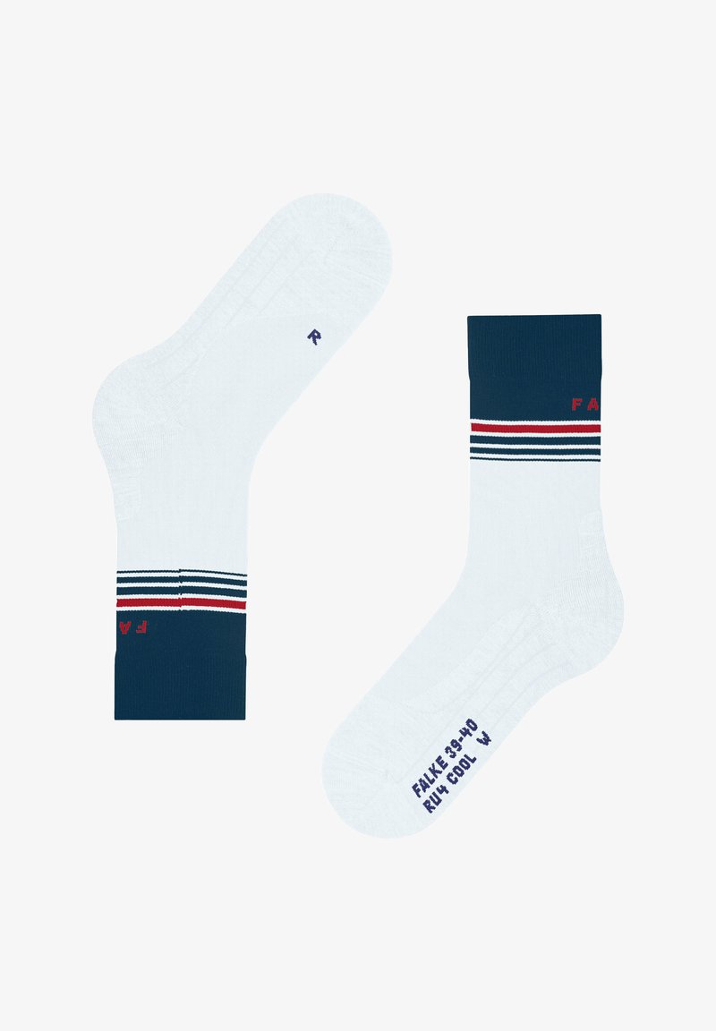 Białe skarpetki z granatowym ściągaczem w prążki, ozdobione czerwonymi i granatowymi paskami. Haftowane napisy "FALKE" i "R" wskazują na prawą stopę. Teksturowana tkanina.