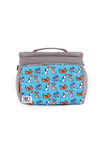 Kleine graue und blaue isolierte Tasche mit Griff, Fronttasche mit buntem Muster von Cartoon-Hunden und roten Bällen, beschriftet mit "HUNDE".