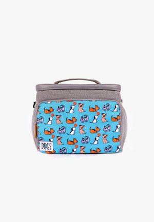 Small gray and blue insulated bag with handle, front pocket featuring colorful cartoon dogs and red balls pattern, labeled "DOGS."