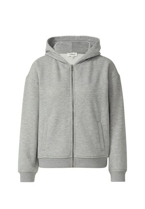 Jasnoszara bluza z kapturem na zamek błyskawiczny, z przednimi kieszeniami, ściągaczami na mankietach i u dołu oraz przymocowanym kapturem, zaprojektowana do noszenia na co dzień.