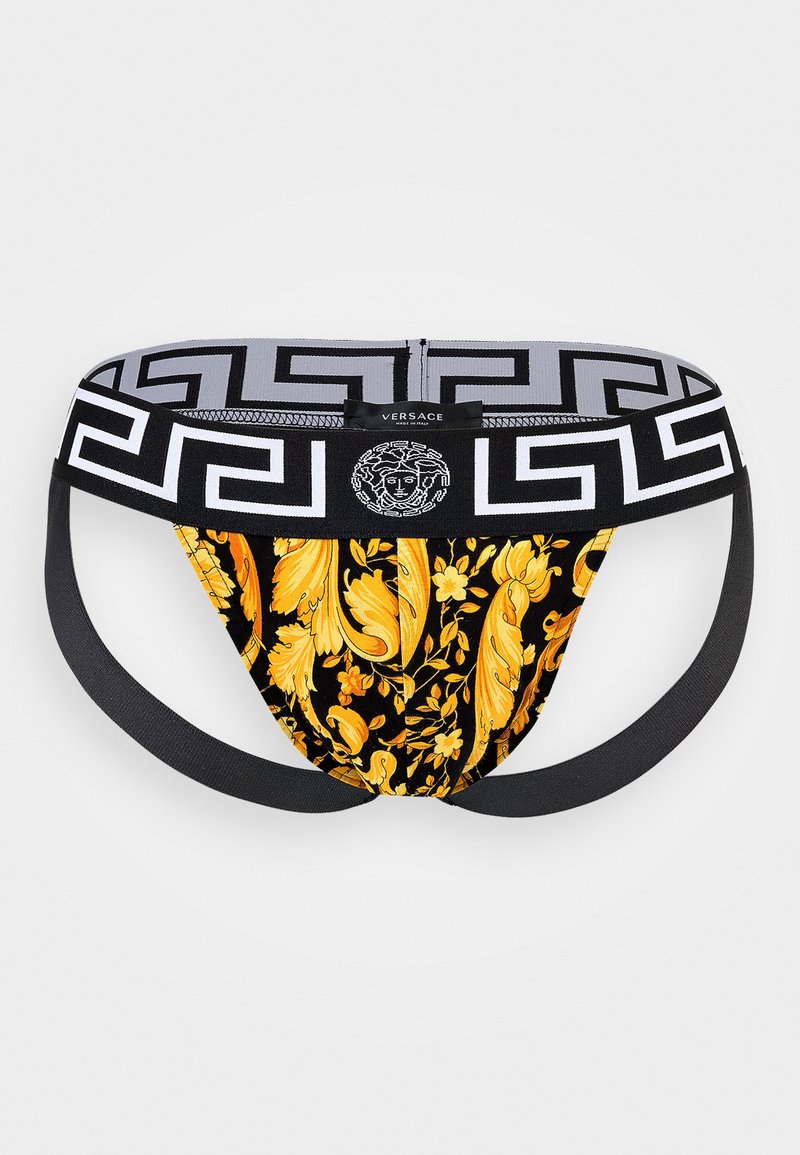 Black and gold men's underwear featuring floral patterns, a wide decorative waistband with a Greek key design and Versace branding.