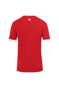 Rood T-shirt met korte mouwen en witte kraag. Gladde stof, met logo op de rug. Rechte zoom en slim fit ontwerp, minimale versieringen.