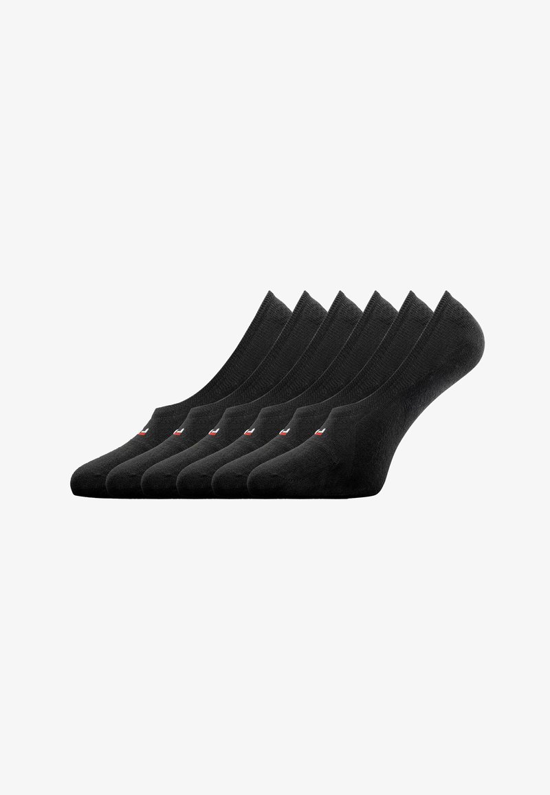 Six paires de chaussettes de sport noires, basses, disposées côte à côte, chacune arborant un petit logo rouge et blanc.